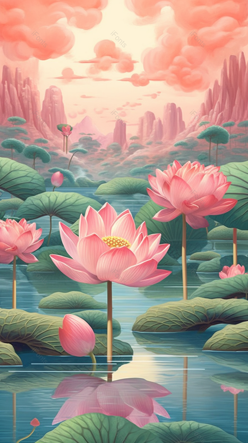 夕阳山脉夏天夏至荷花盛开开花荷叶植物水面户外景色自然插画,插画/手绘图,插画/手绘图库,插画/手绘图下载,插画/手绘